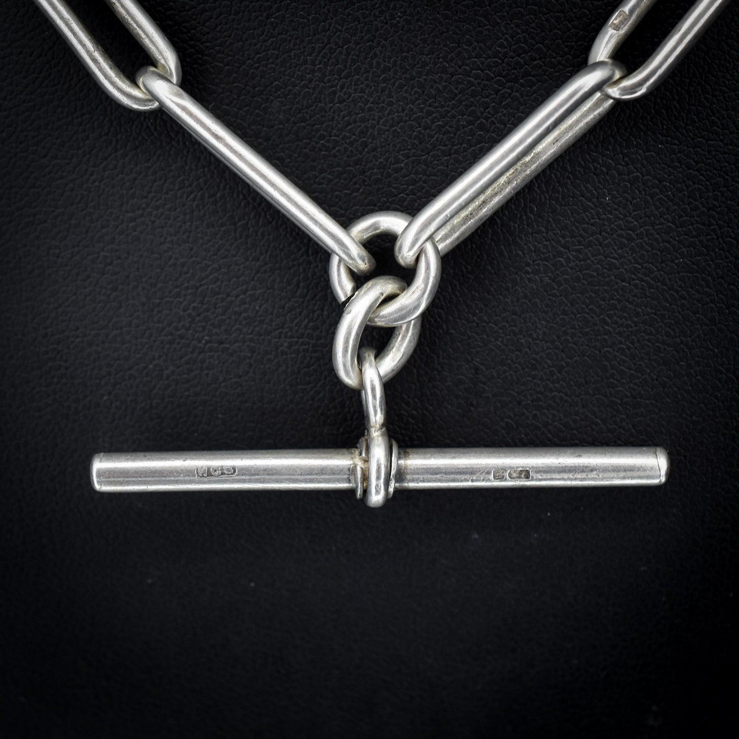 Antique Sterling Silver Paperlink Trombone Watch Chain with Dog Clips and T Bar | 16.5"