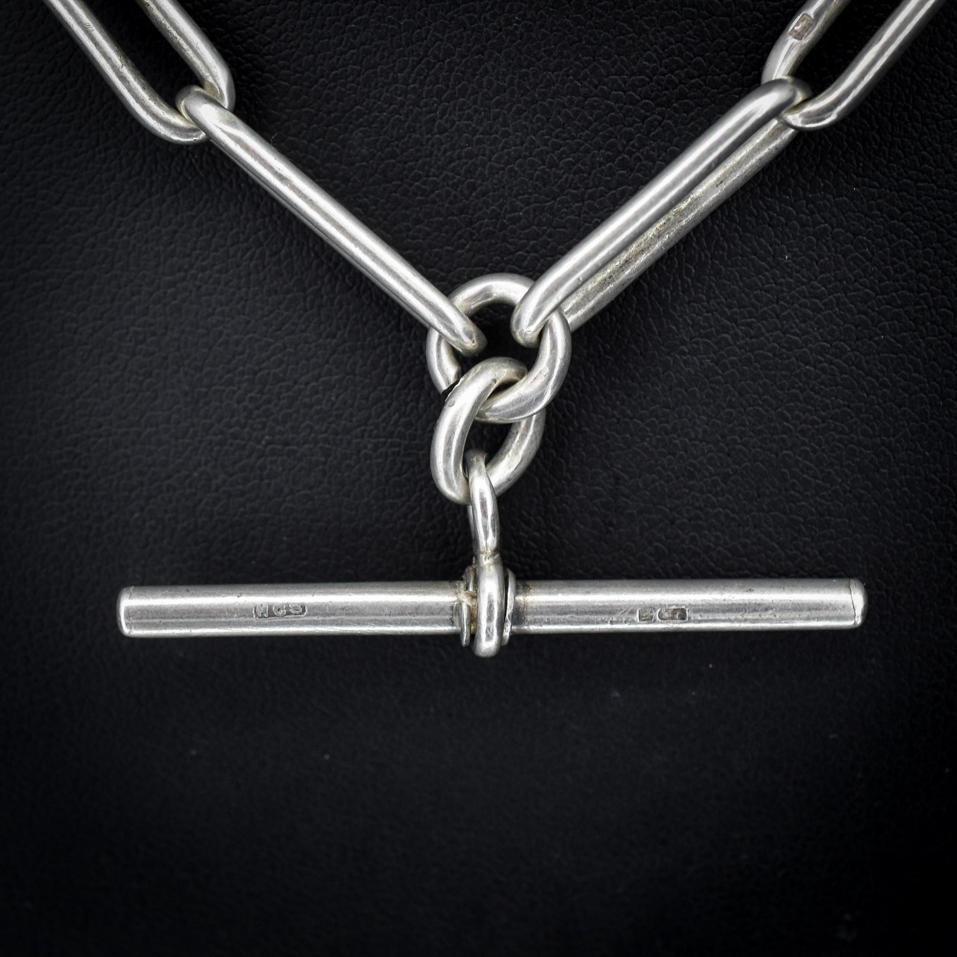 Antique Sterling Silver Paperlink Trombone Watch Chain with Dog Clips and T Bar | 16.5"