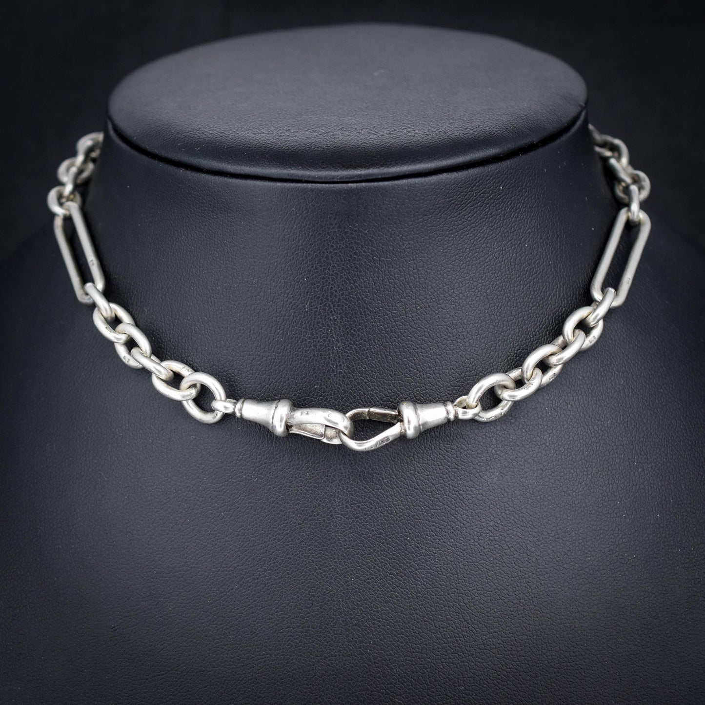 Antique Sterling Silver Trombone Watch Chain with Dog Clips and T Bar | 14"