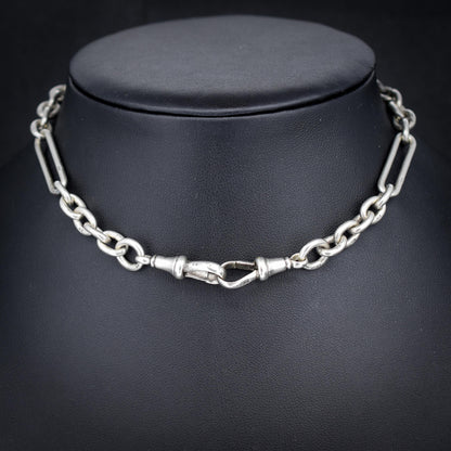 Antique Sterling Silver Trombone Watch Chain with Dog Clips and T Bar | 14"