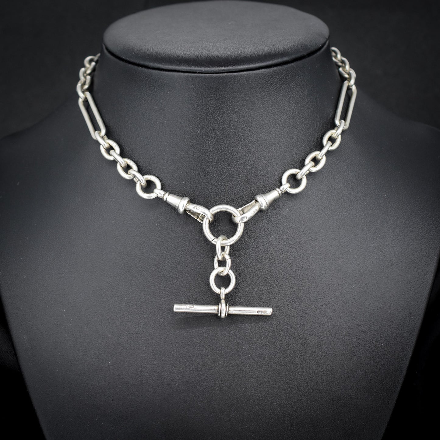 Antique Sterling Silver Trombone Watch Chain with Dog Clips and T Bar | 14"