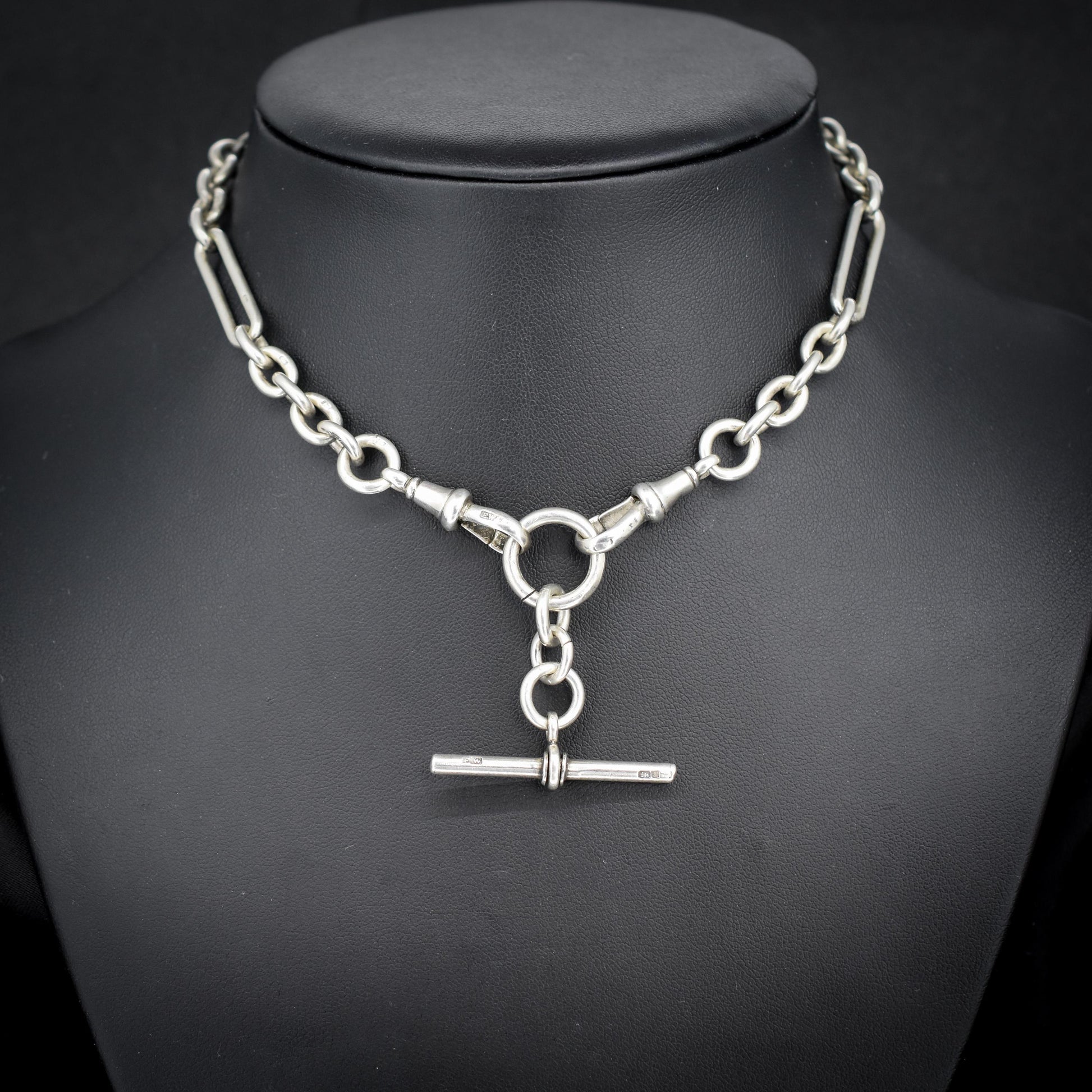 Antique Sterling Silver Trombone Watch Chain with Dog Clips and T Bar | 14"