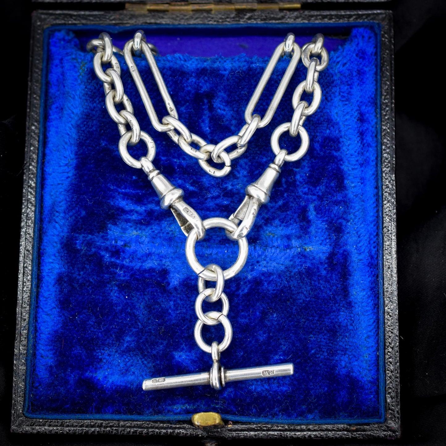 Antique Sterling Silver Trombone Watch Chain with Dog Clips and T Bar | 14"