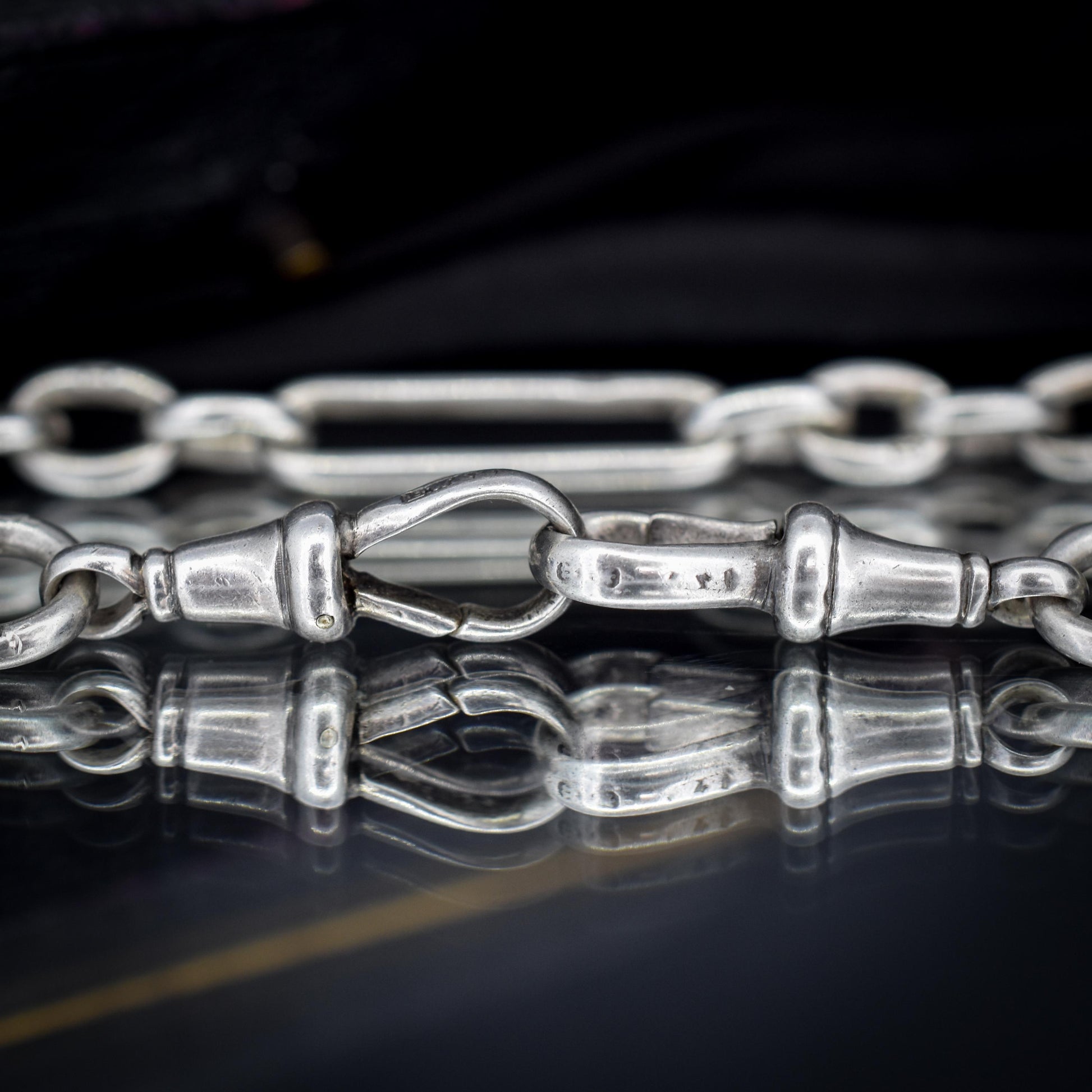 Antique Sterling Silver Trombone Watch Chain with Dog Clips and T Bar | 14"