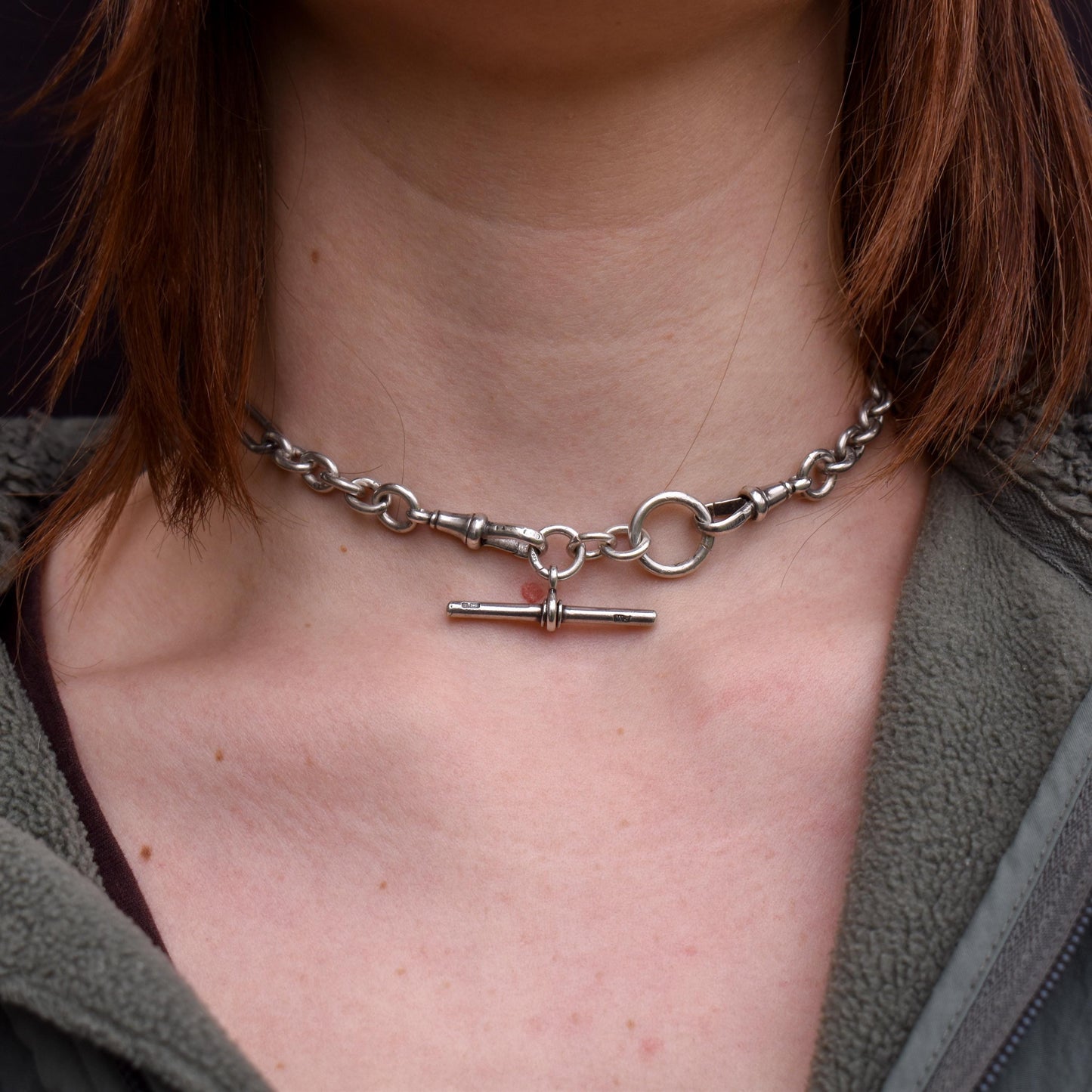 Antique Sterling Silver Trombone Watch Chain with Dog Clips and T Bar | 14"