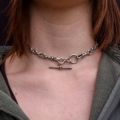 Antique Sterling Silver Trombone Watch Chain with Dog Clips and T Bar | 14"