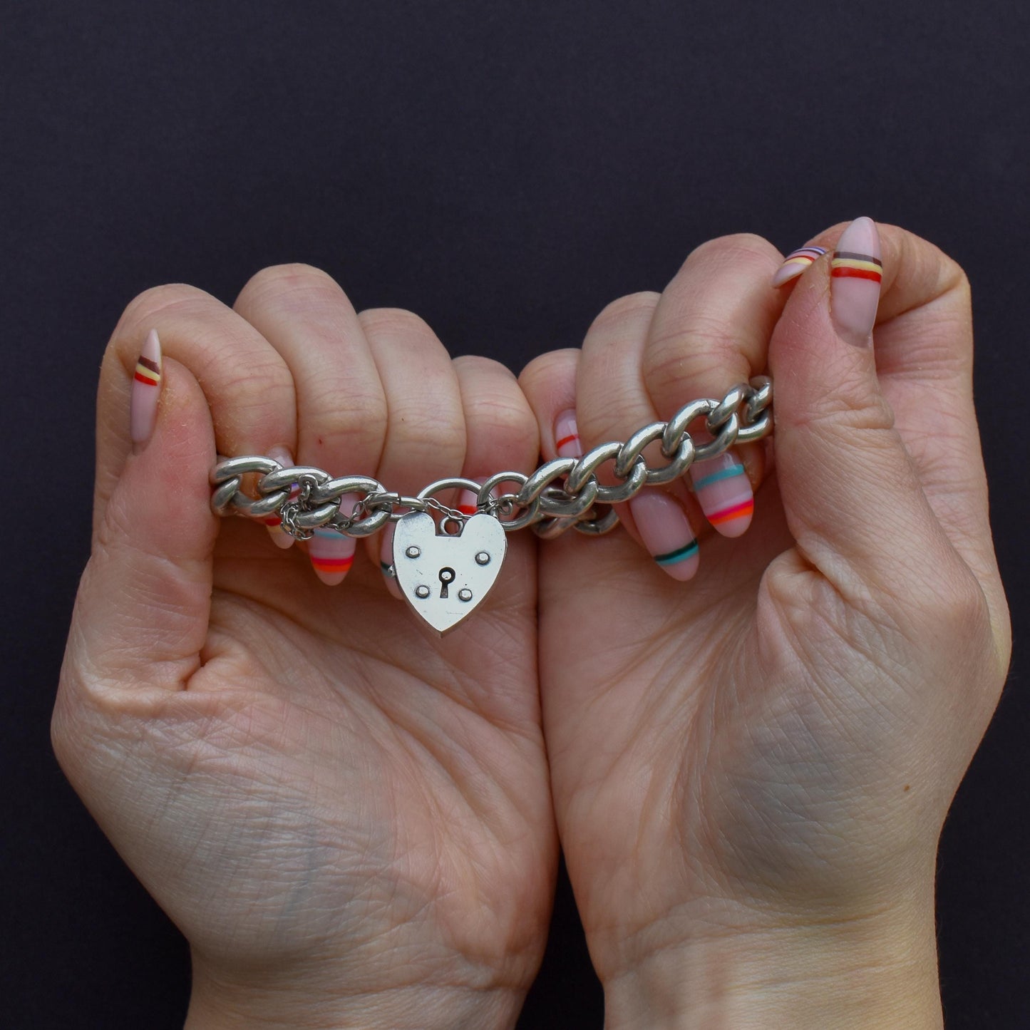 Vintage Heavy Chunky Heart Padlock Sterling Silver Curb Bracelet 7"