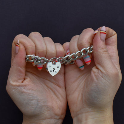 Vintage Heavy Chunky Heart Padlock Sterling Silver Curb Bracelet 7"