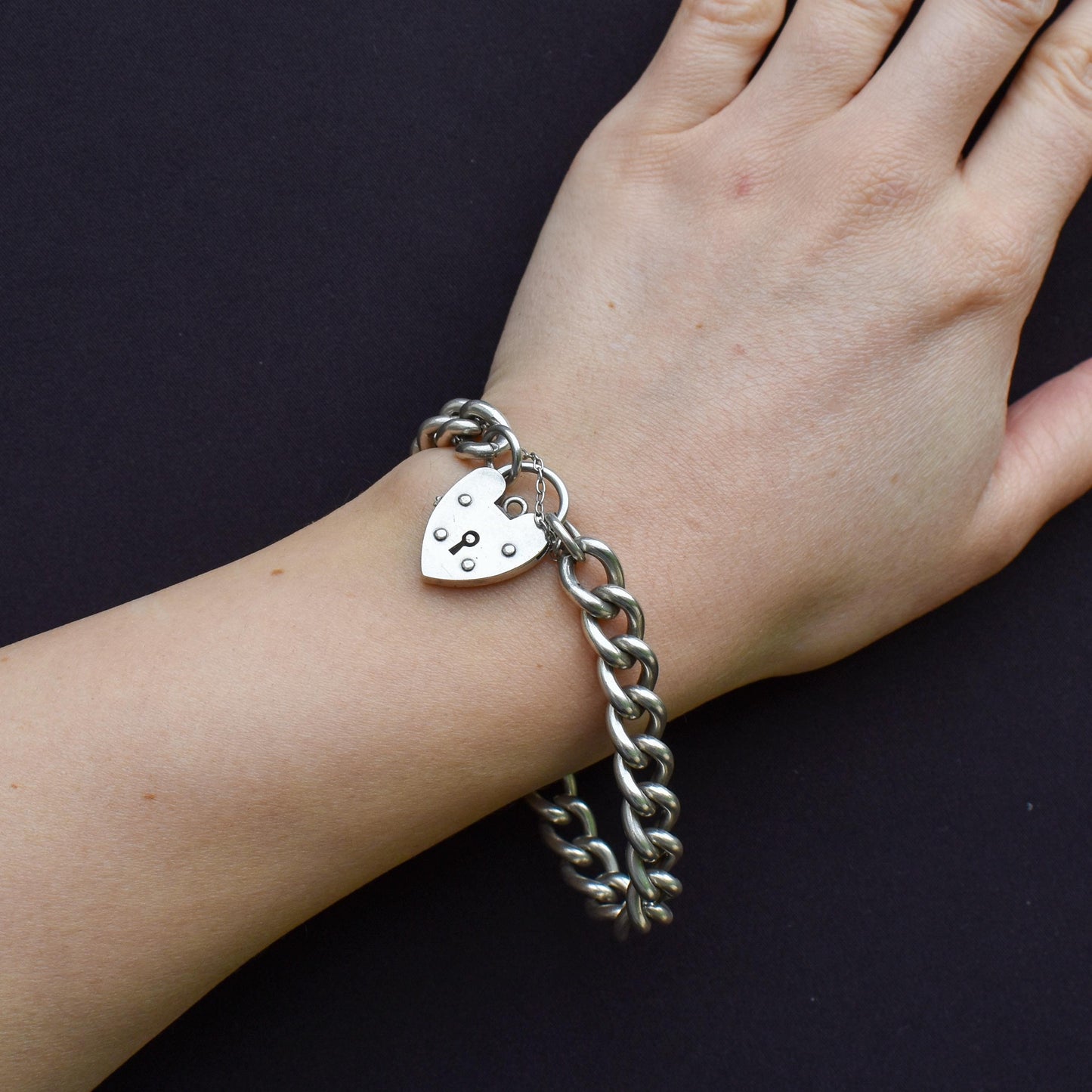 Vintage Heavy Chunky Heart Padlock Sterling Silver Curb Bracelet 7"