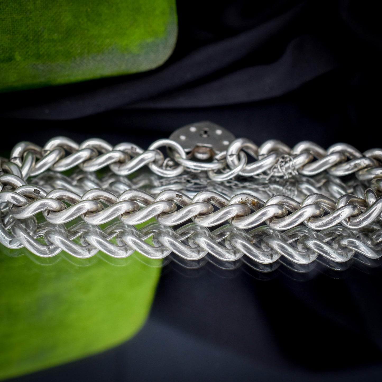 Vintage Heavy Chunky Heart Padlock Sterling Silver Curb Bracelet 7"