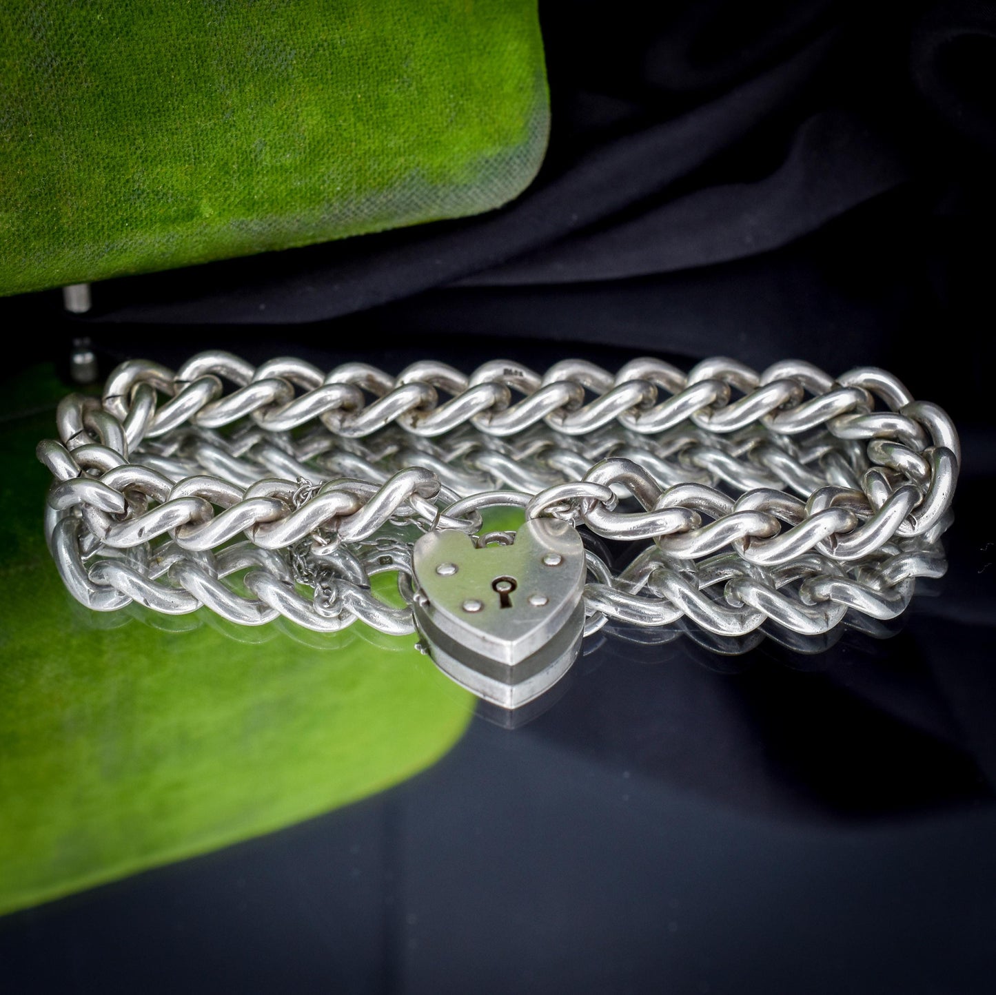 Vintage Heavy Chunky Heart Padlock Sterling Silver Curb Bracelet 7"