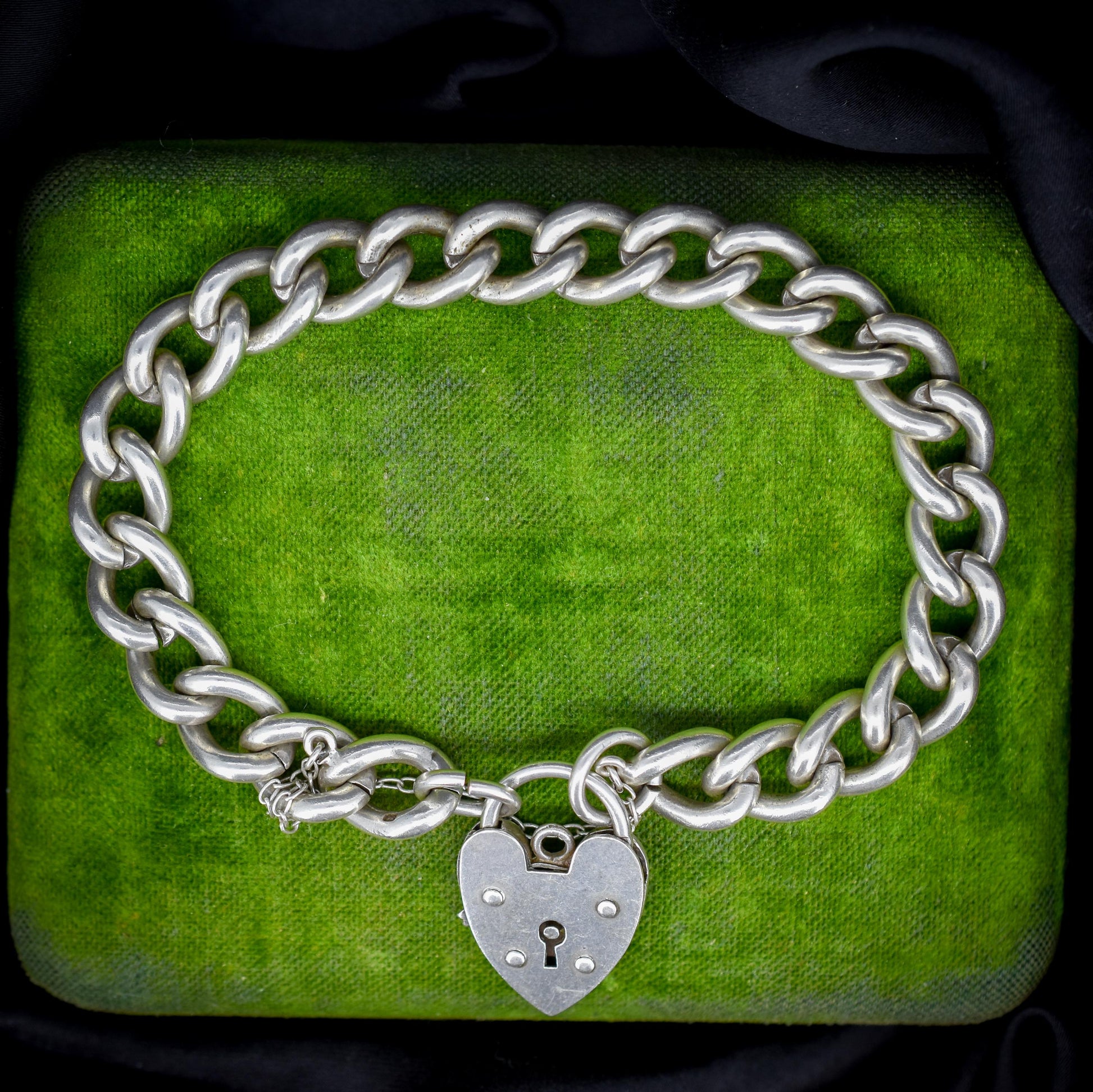 Vintage Heavy Chunky Heart Padlock Sterling Silver Curb Bracelet 7"