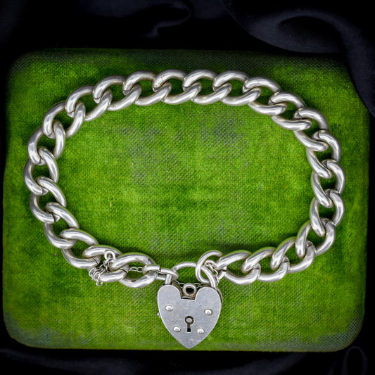 Vintage Heavy Chunky Heart Padlock Sterling Silver Curb Bracelet 7"