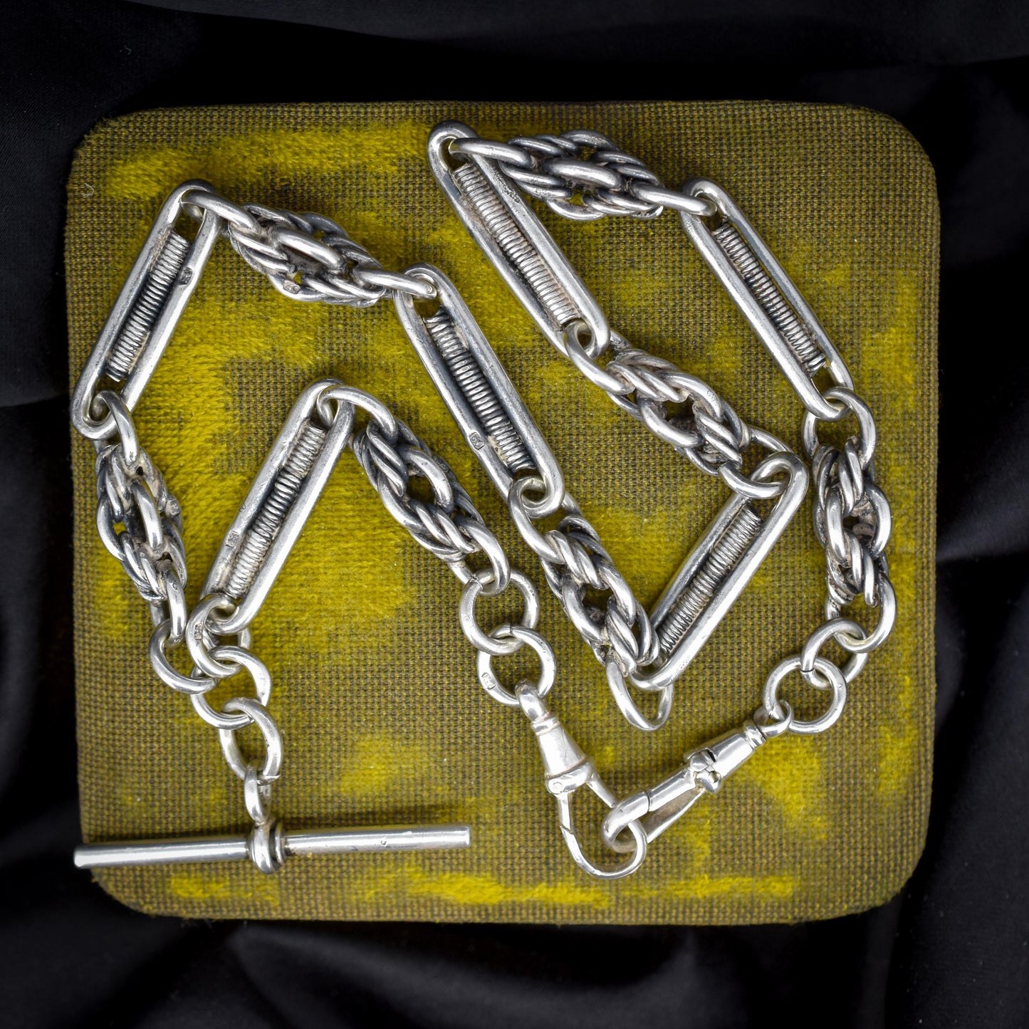 Antique Sterling Silver Trombone and Love Knot Albert Chain with Dog Clips | 16"