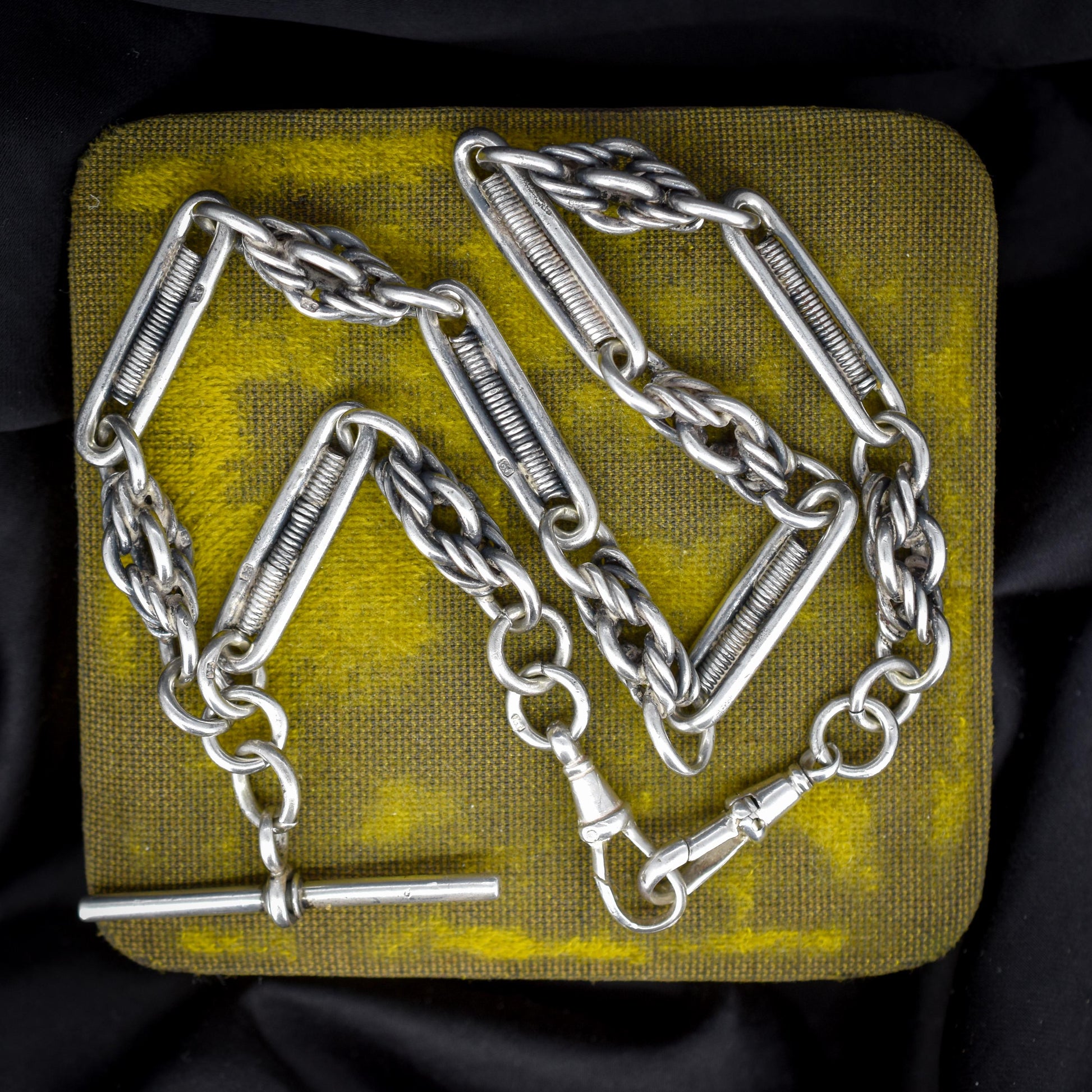 Antique Sterling Silver Trombone and Love Knot Albert Chain with Dog Clips | 16"