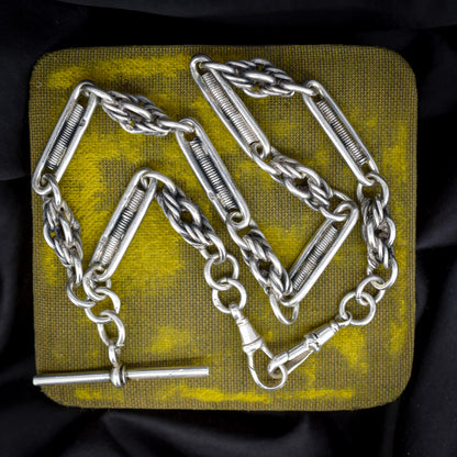 Antique Sterling Silver Trombone and Love Knot Albert Chain with Dog Clips | 16"