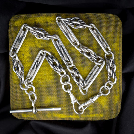 Antique Sterling Silver Trombone and Love Knot Albert Chain with Dog Clips | 16"