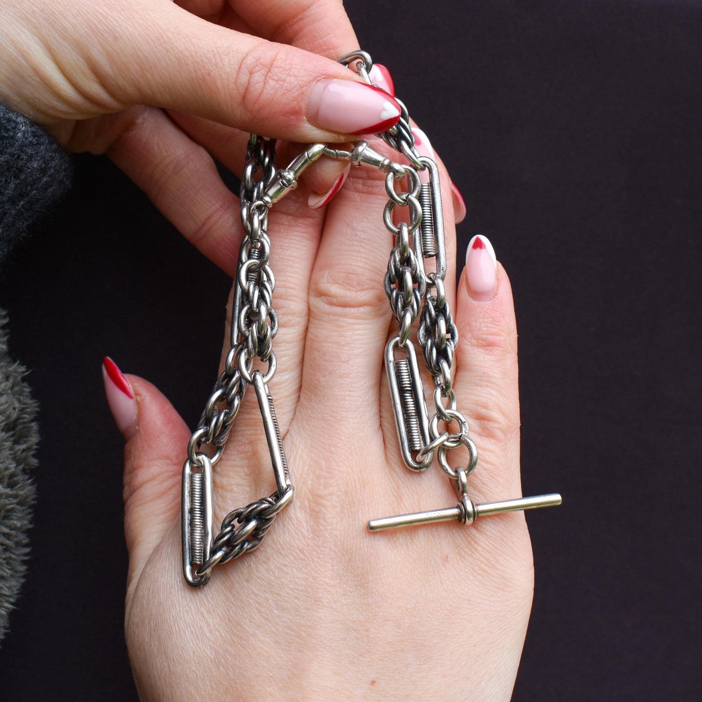 Antique Sterling Silver Trombone and Love Knot Albert Chain with Dog Clips | 16"