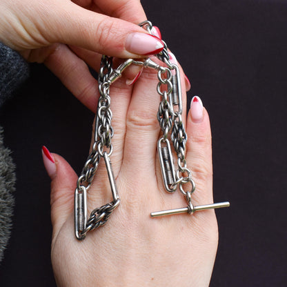 Antique Sterling Silver Trombone and Love Knot Albert Chain with Dog Clips | 16"