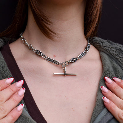 Antique Sterling Silver Trombone and Love Knot Albert Chain with Dog Clips | 16"