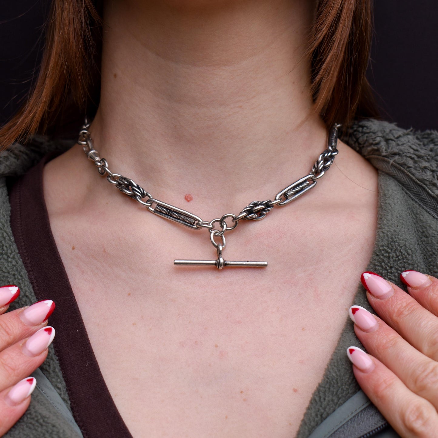 Antique Sterling Silver Trombone and Love Knot Albert Chain with Dog Clips | 16"