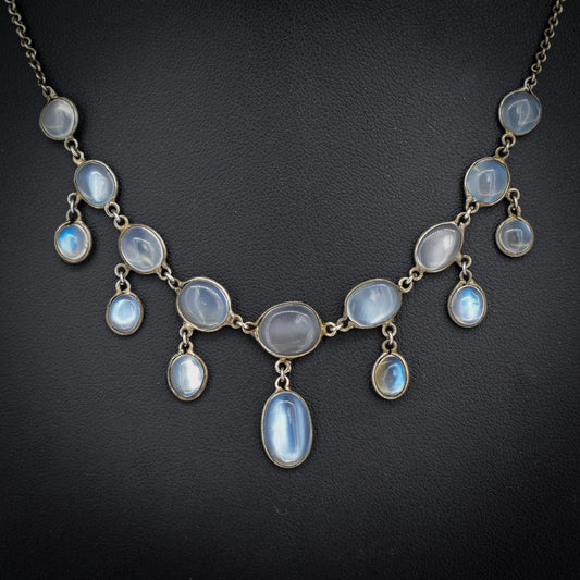 Antique Moonstone Silver Drop Fringe Festoon Necklace | 15"