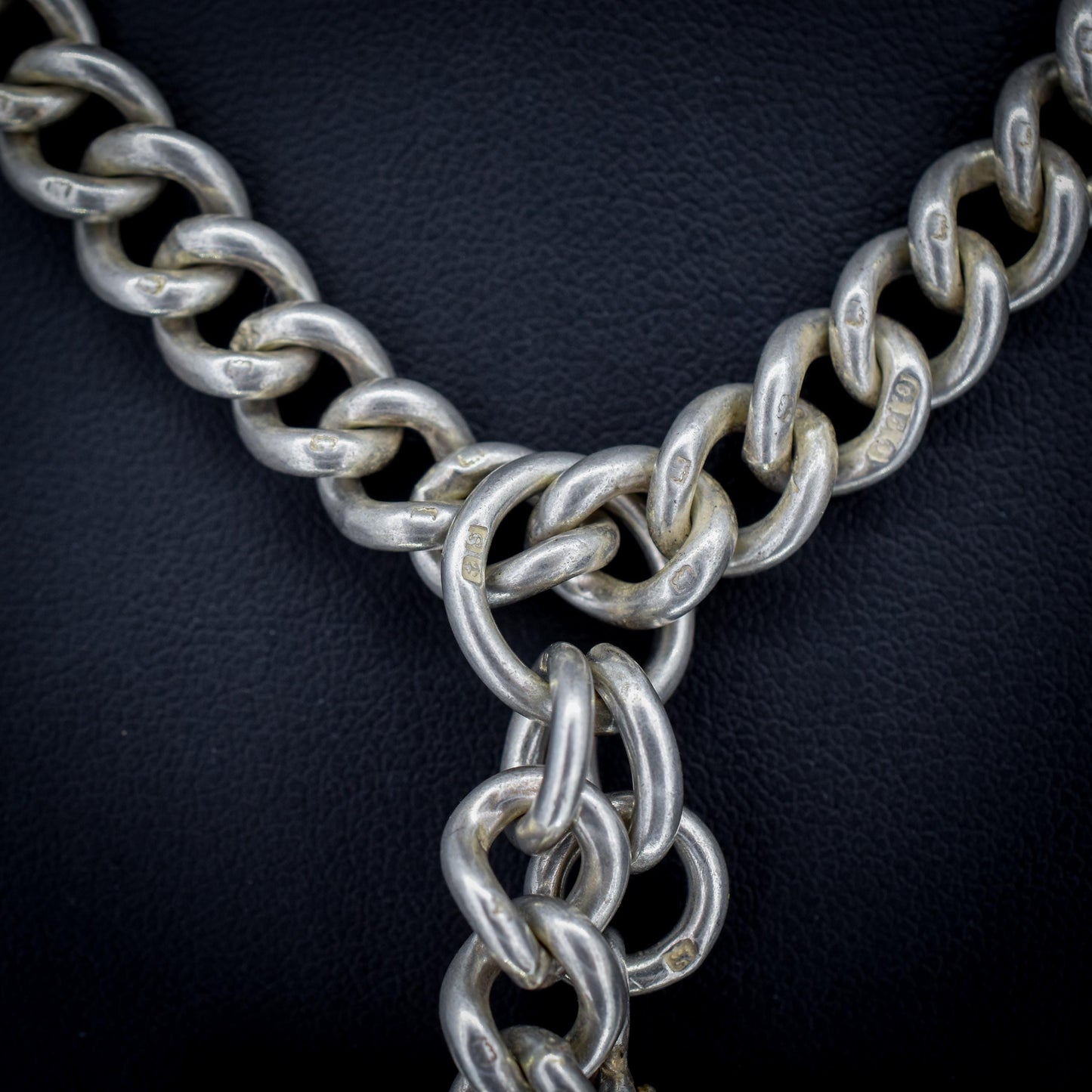 Antique Sterling Silver Curb Link Albert Watch Chain Necklace T-Bar Dog Clips | 16.25"