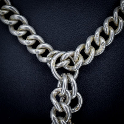 Antique Sterling Silver Curb Link Albert Watch Chain Necklace T-Bar Dog Clips | 16.25"