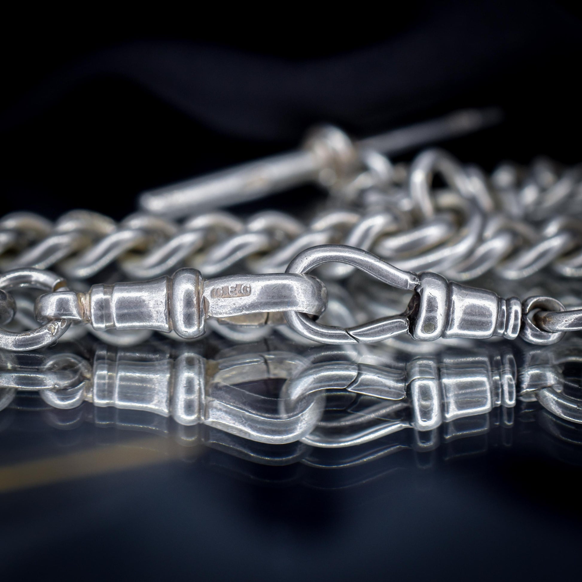Antique Sterling Silver Curb Link Albert Watch Chain Necklace T-Bar Dog Clips | 16.25"