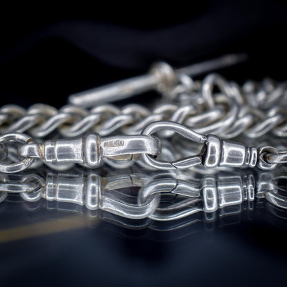 Antique Sterling Silver Curb Link Albert Watch Chain Necklace T-Bar Dog Clips | 16.25"
