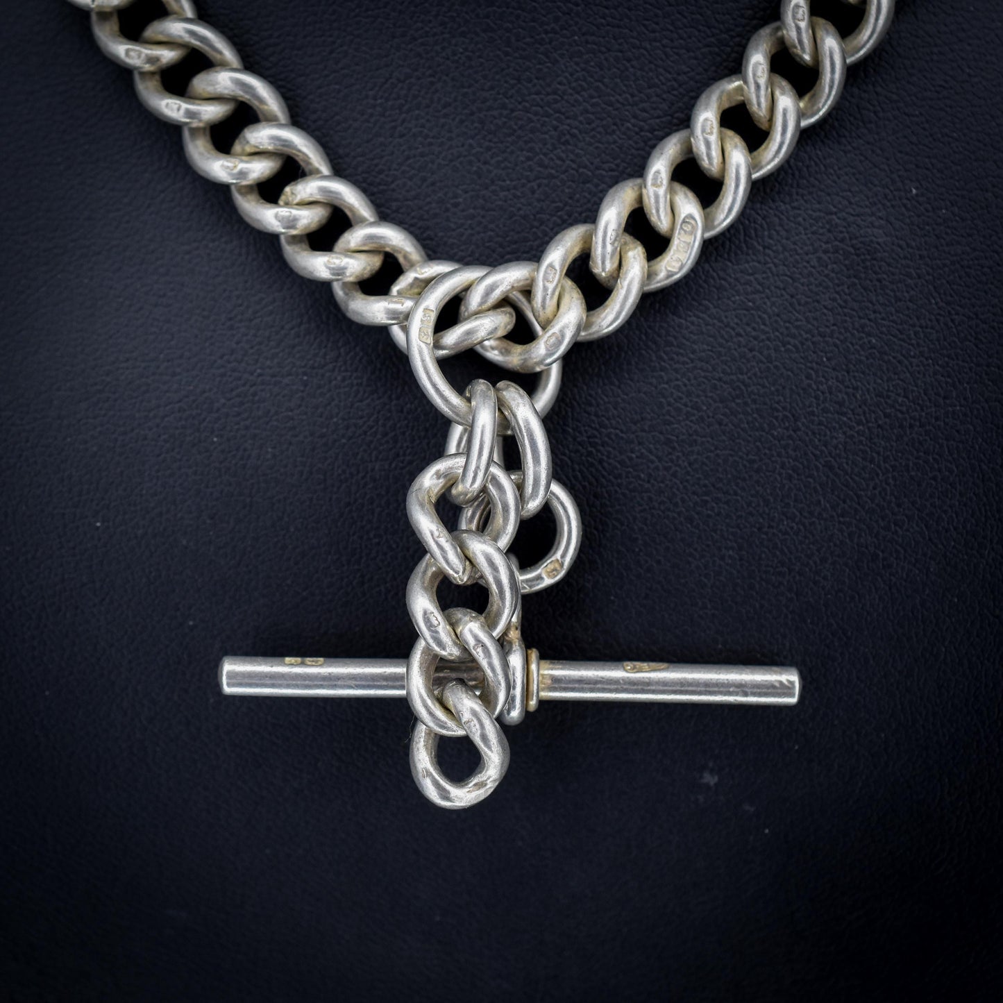 Antique Sterling Silver Curb Link Albert Watch Chain Necklace T-Bar Dog Clips | 16.25"