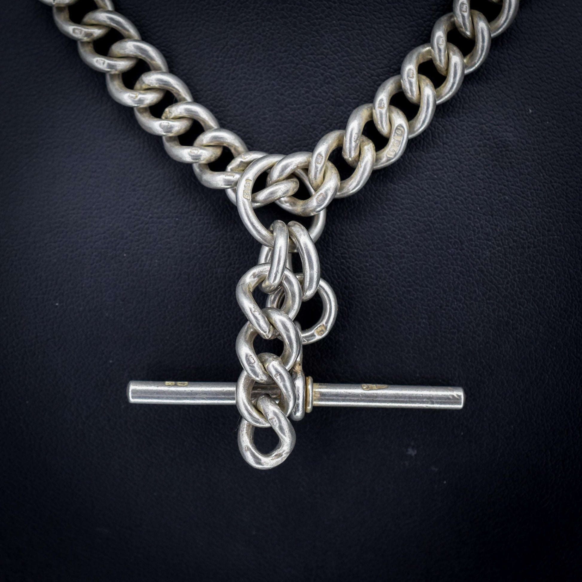 Antique Sterling Silver Curb Link Albert Watch Chain Necklace T-Bar Dog Clips | 16.25"