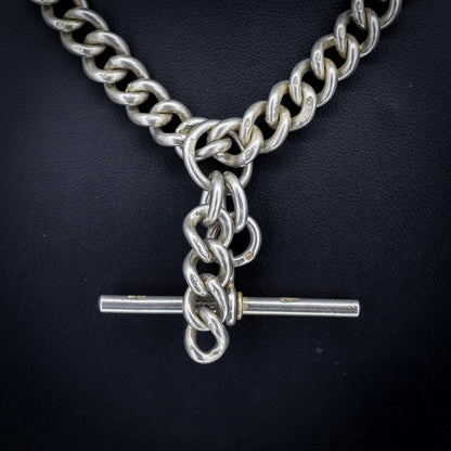 Antique Sterling Silver Curb Link Albert Watch Chain Necklace T-Bar Dog Clips | 16.25"