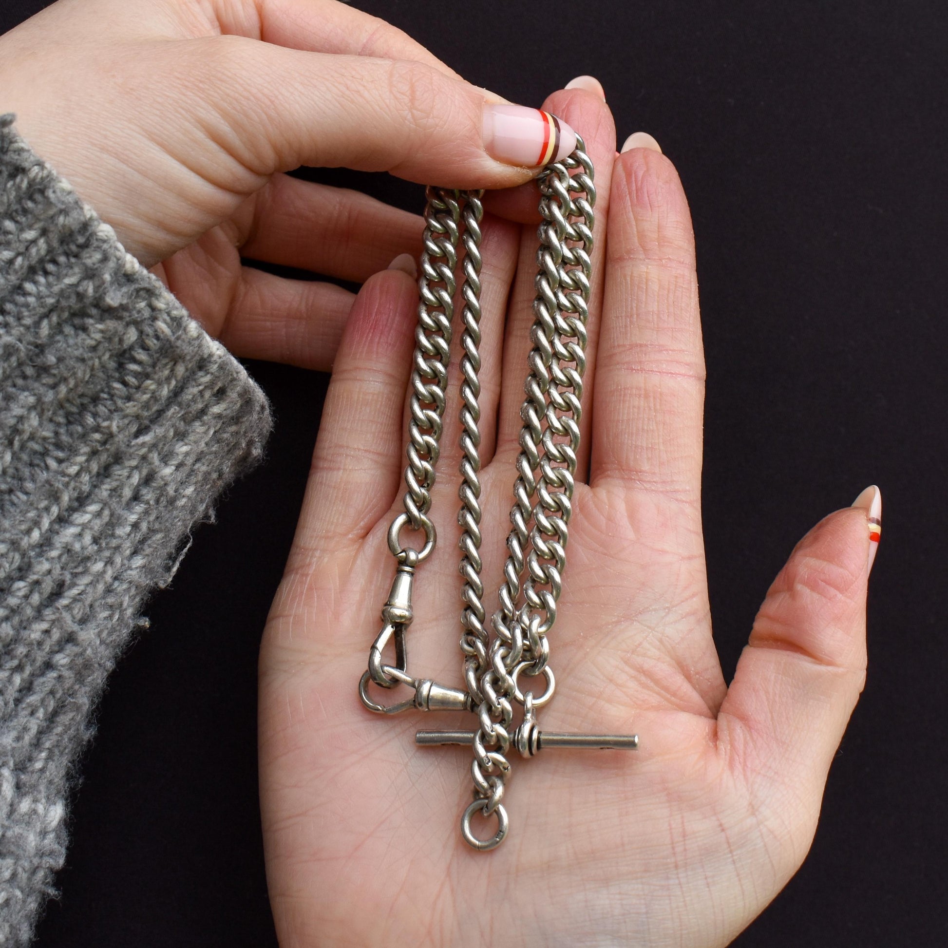 Antique Chester '1910' Sterling Silver Albert Chain Necklace with T-Bar and Dog Clips – 16.25"