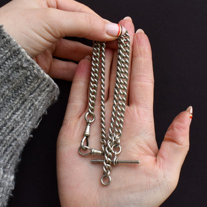 Antique Chester '1910' Sterling Silver Albert Chain Necklace with T-Bar and Dog Clips – 16.25"