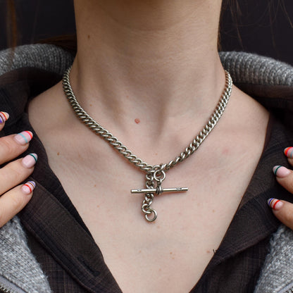 Antique Chester '1910' Sterling Silver Albert Chain Necklace with T-Bar and Dog Clips – 16.25"