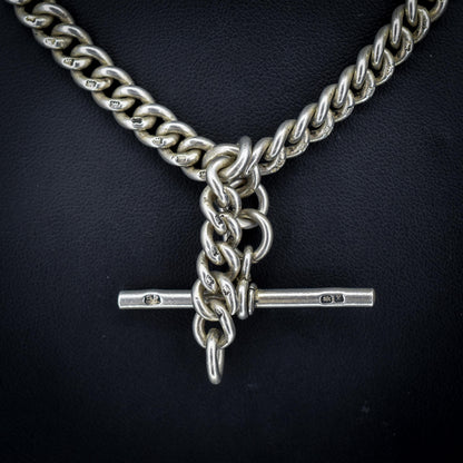 Antique Chester '1910' Sterling Silver Albert Chain Necklace with T-Bar and Dog Clips – 16.25"