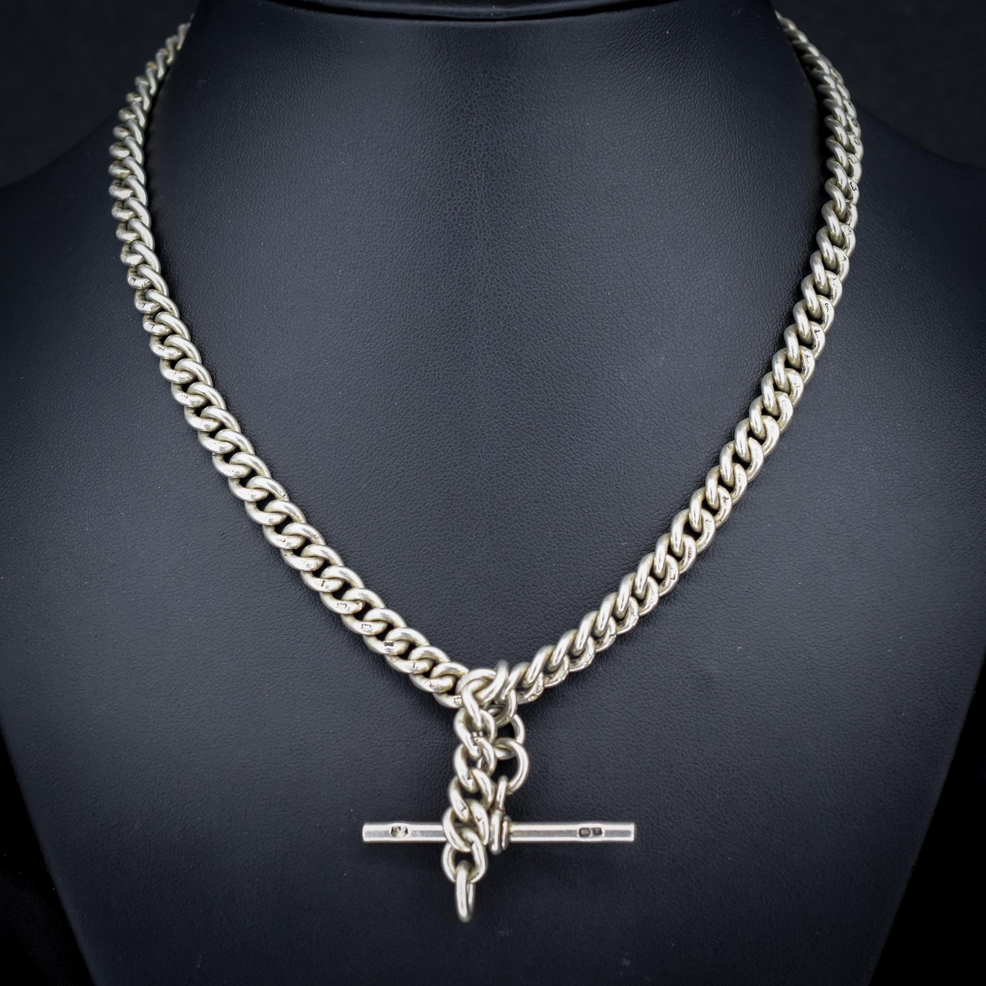 Antique Chester '1910' Sterling Silver Albert Chain Necklace with T-Bar and Dog Clips – 16.25"