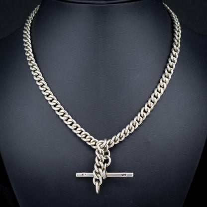 Antique Chester '1910' Sterling Silver Albert Chain Necklace with T-Bar and Dog Clips – 16.25"