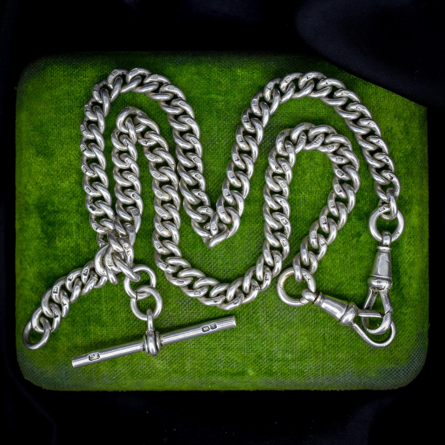 Antique Chester '1910' Sterling Silver Albert Chain Necklace with T-Bar and Dog Clips – 16.25"