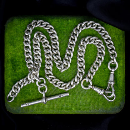 Antique Chester '1910' Sterling Silver Albert Chain Necklace with T-Bar and Dog Clips – 16.25"