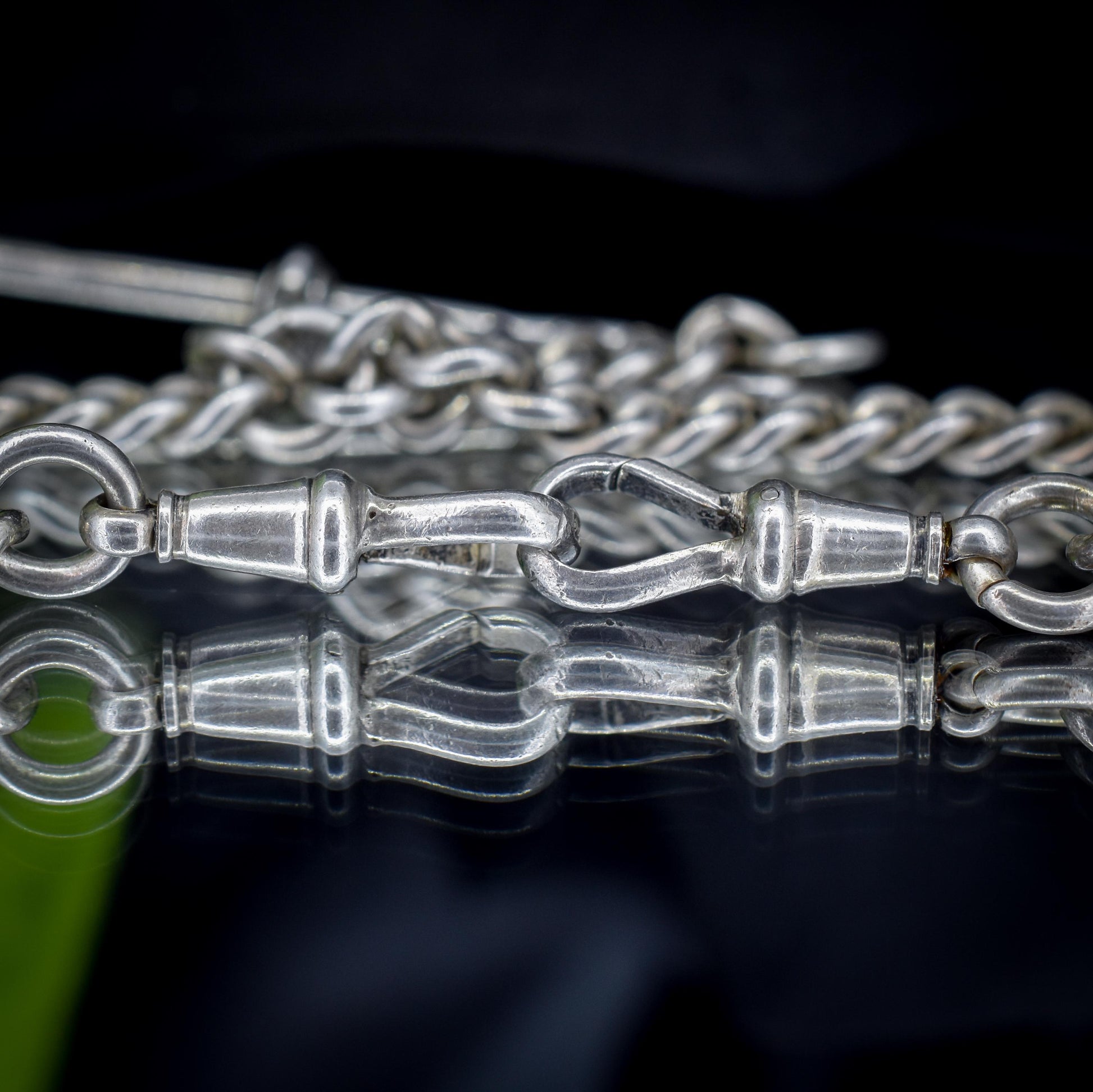 Antique Chester '1910' Sterling Silver Albert Chain Necklace with T-Bar and Dog Clips – 16.25"