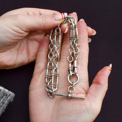 Antique Sterling Silver Trombone and Love Knot Albert Chain | 15"