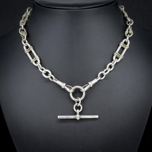 Antique Sterling Silver Trombone and Love Knot Albert Chain | 15"
