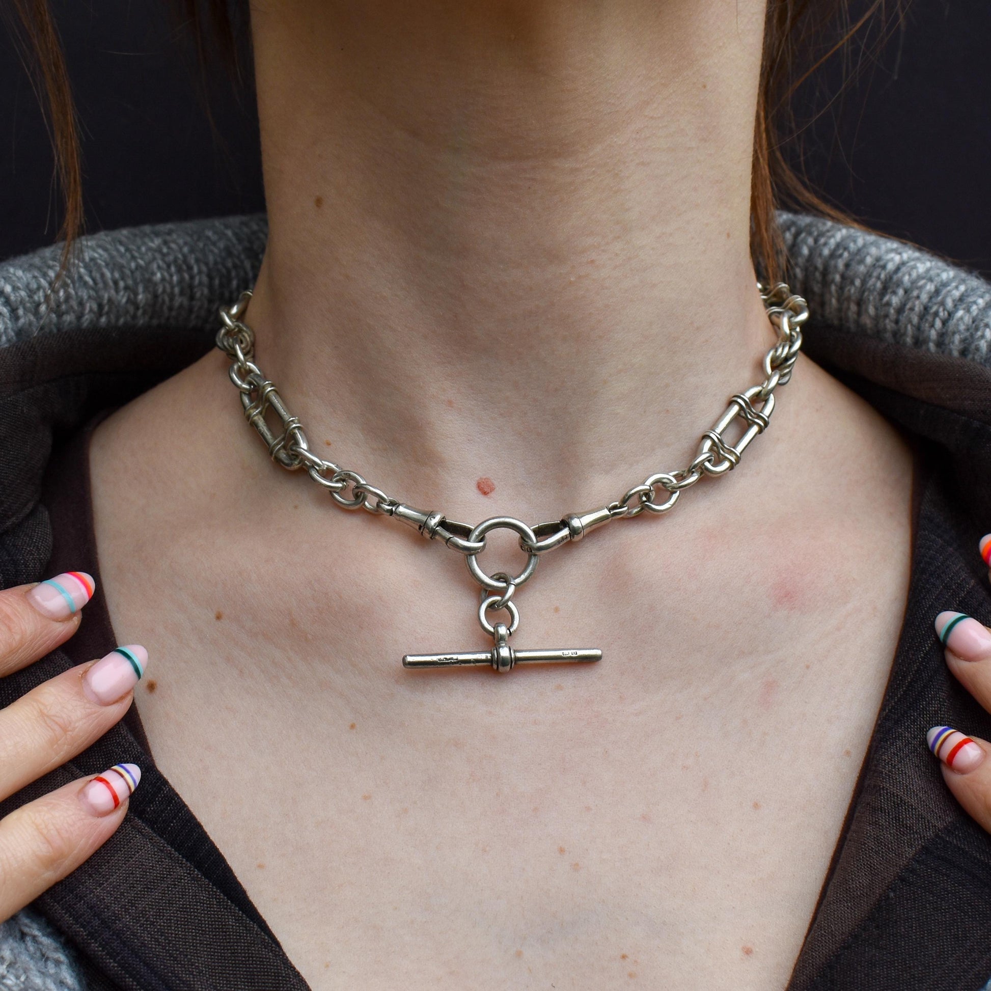 Antique Sterling Silver Trombone and Love Knot Albert Chain | 15"