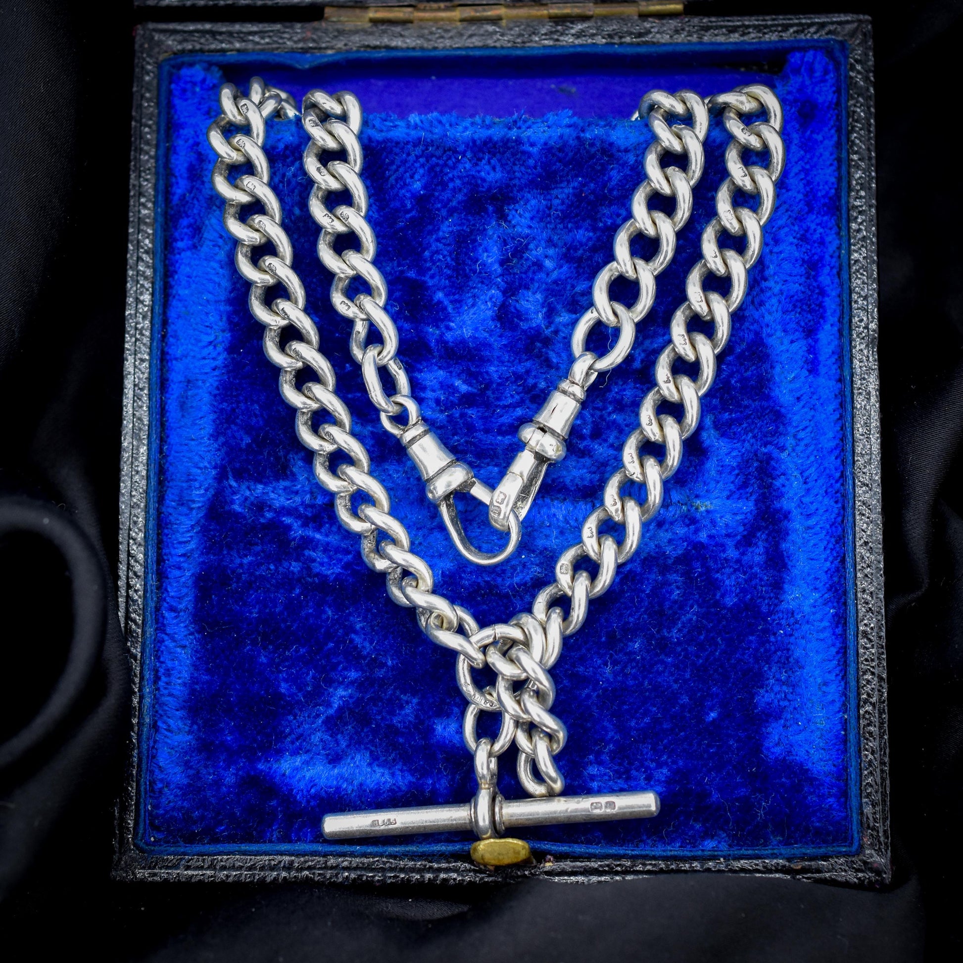 Antique Sterling Silver Curb Link Albert Watch Chain Necklace with T-Bar and Dog Clips – 17.5"