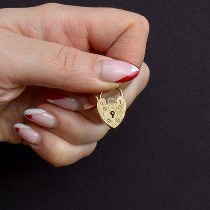 Vintage 9ct Yellow Gold Engraved Heart Padlock Charm Pendant