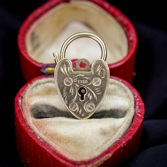 Vintage 9ct Yellow Gold Engraved Heart Padlock Charm Pendant