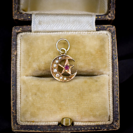 Antique 15ct Gold Pearl and Ruby Crescent Star Charm Pendant