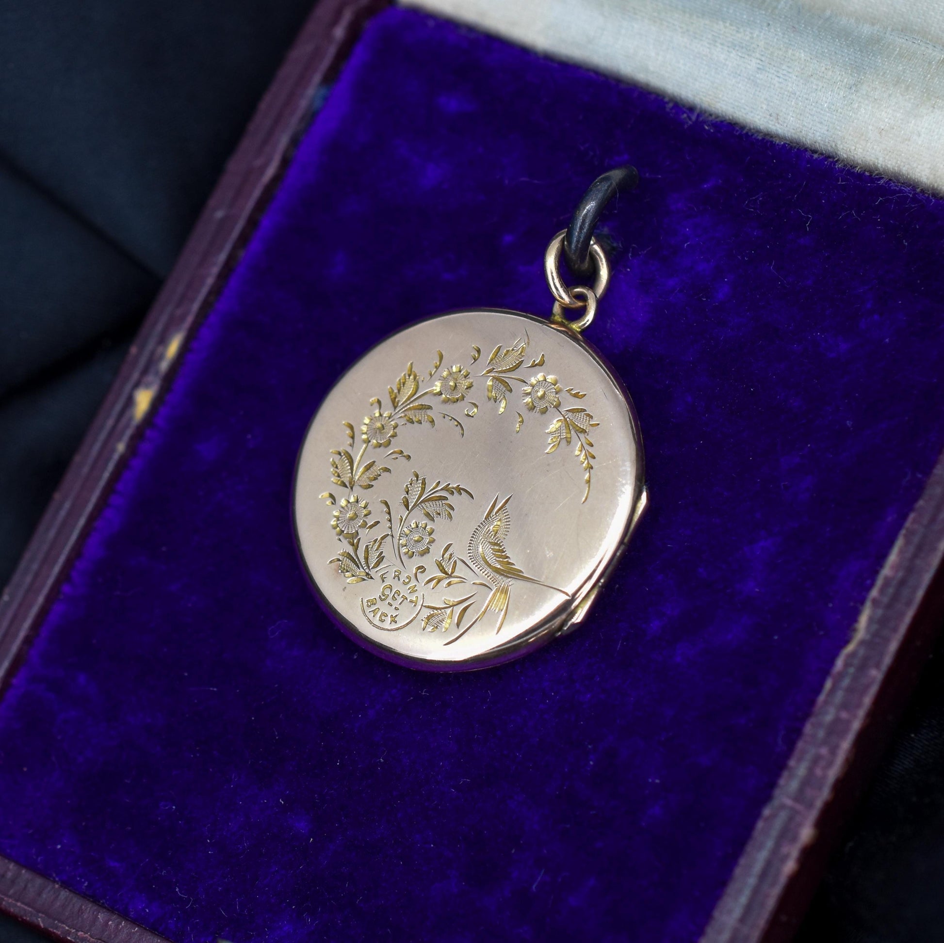 Antique Engraved Fancy Round Flower Basket and Swallow Bird Gold Locket Pendant